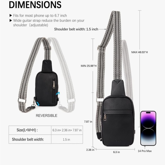 Chic Black Crossbody Bag with Patterned Strap - Picture 4 of 9